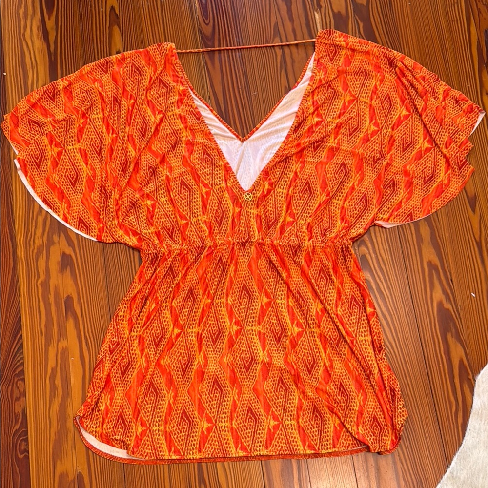 Vix by Paula Hermanny. Vibrant Orange Tribal Patterned Caftan Coverup